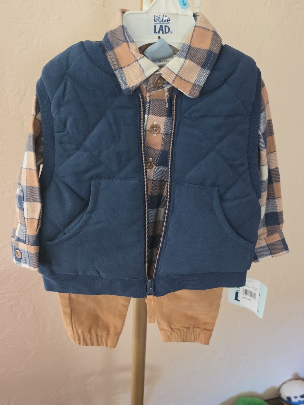 Little Lad Navy & Tan Kids Matching Set – Quilted Vest, Plaid Shirt & Cord Pants